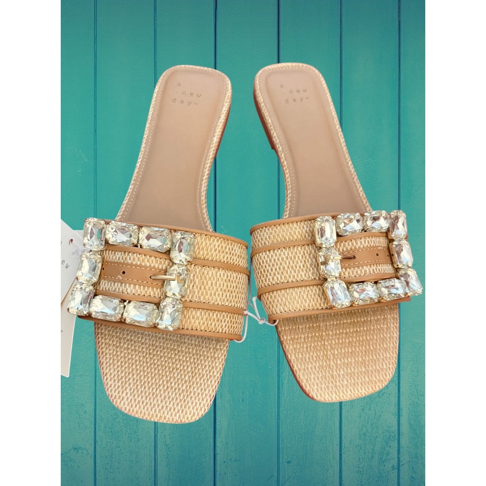 A New Day Tan Woven Rhinestone Buckle Slide Sandals 10 Square Toe - Picture 2 of 5